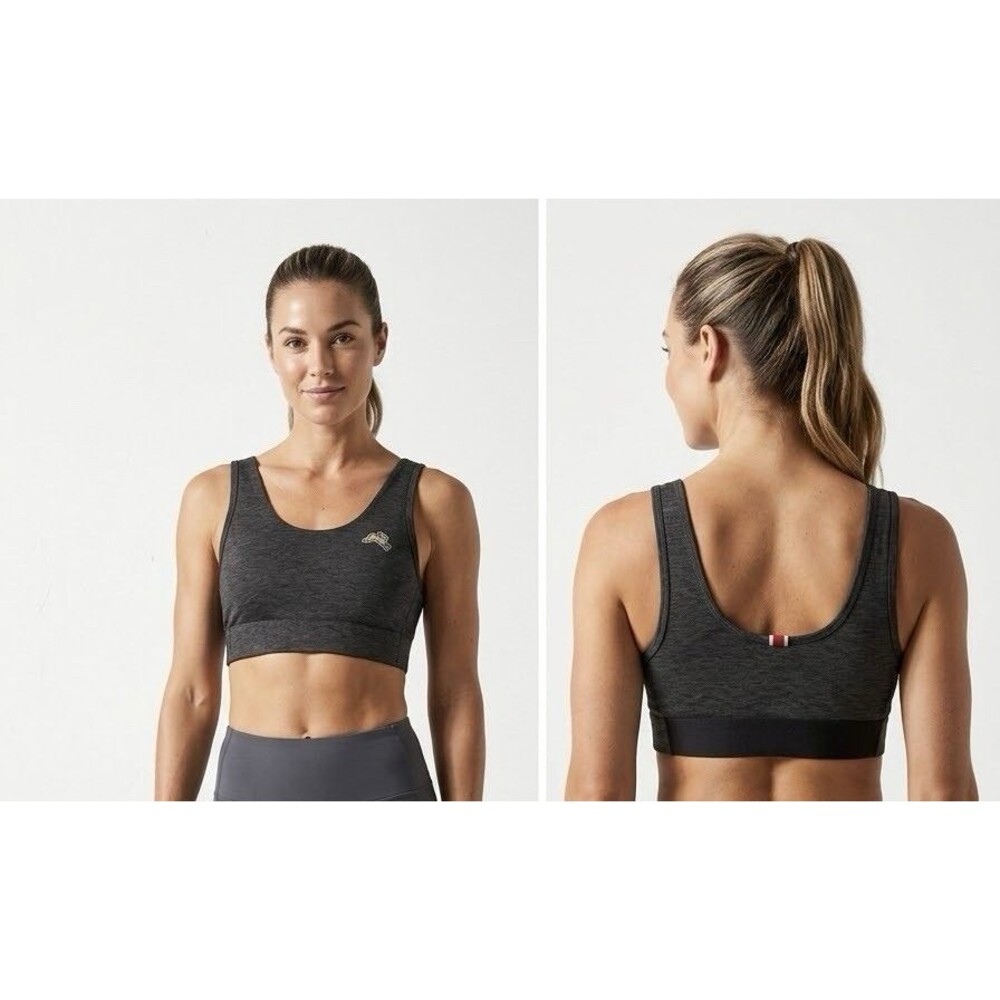 Tracksmith Womens Run Bra Small Charcoal Gray Gold Hare Logo Sports Bra